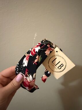 Floral Twist Headband - Black with Pink & Red Floral